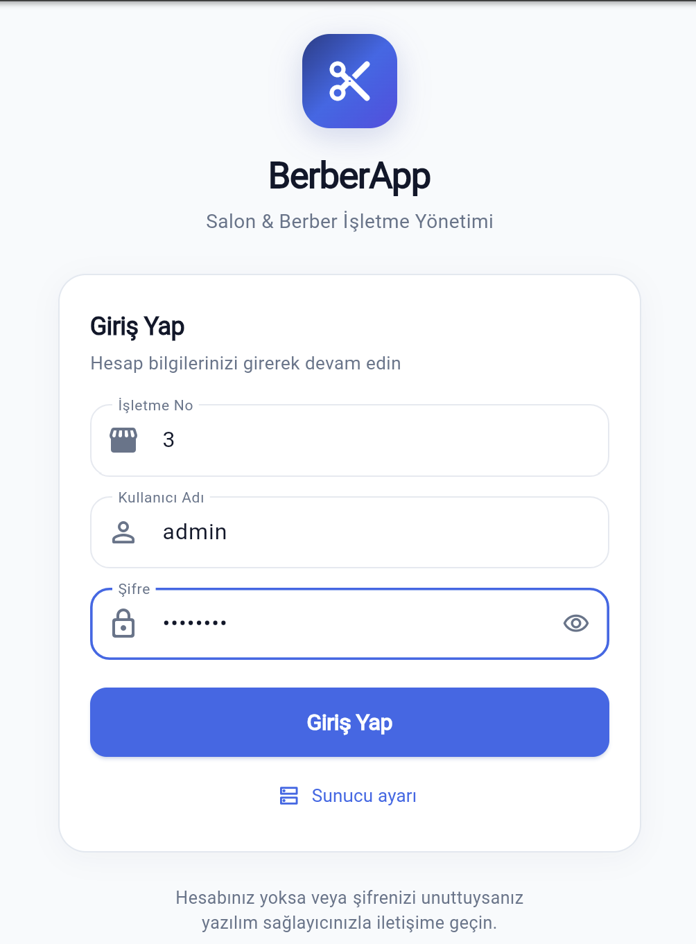 BerberApp mobil giriş ekranı