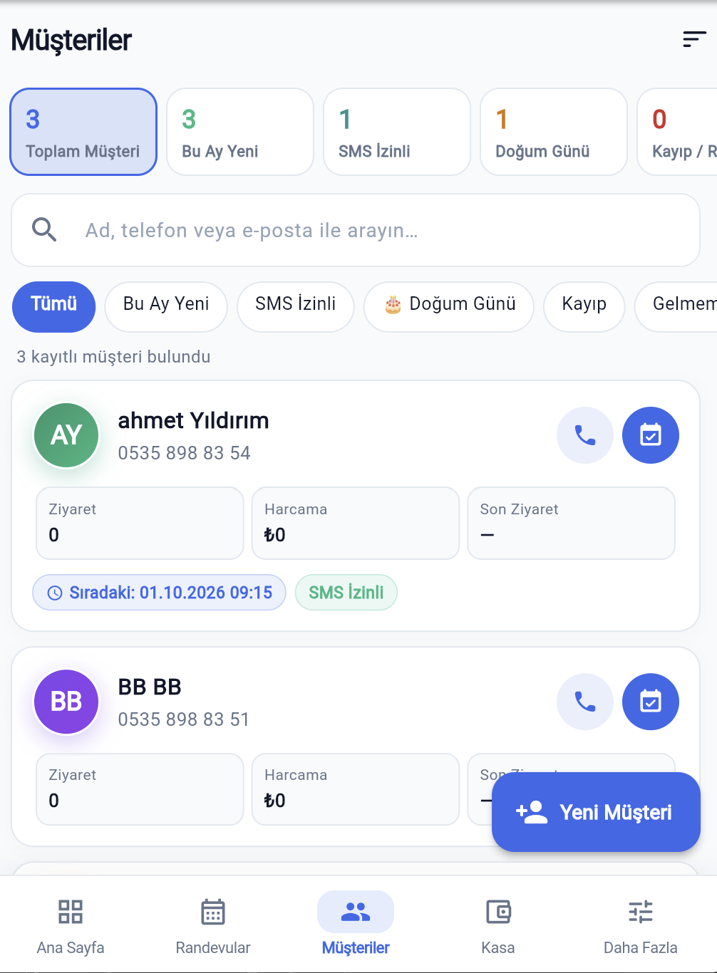 BerberApp mobil müşteriler ekranı